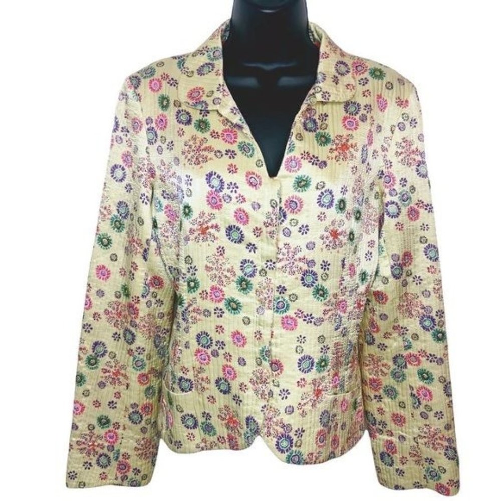Antik Batik 100% Silk Floral Quilted Blazer W/ Beaded Accents Size Small